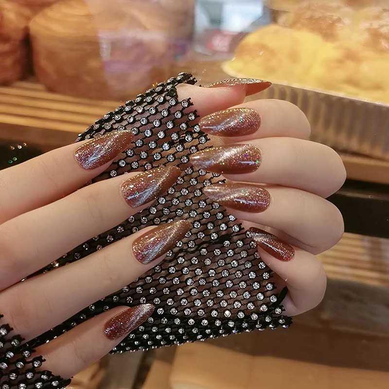 

24pcs fake nails with glitter Star cat's eye detachable wearer fails nails Manicure patch press on with glue, As show