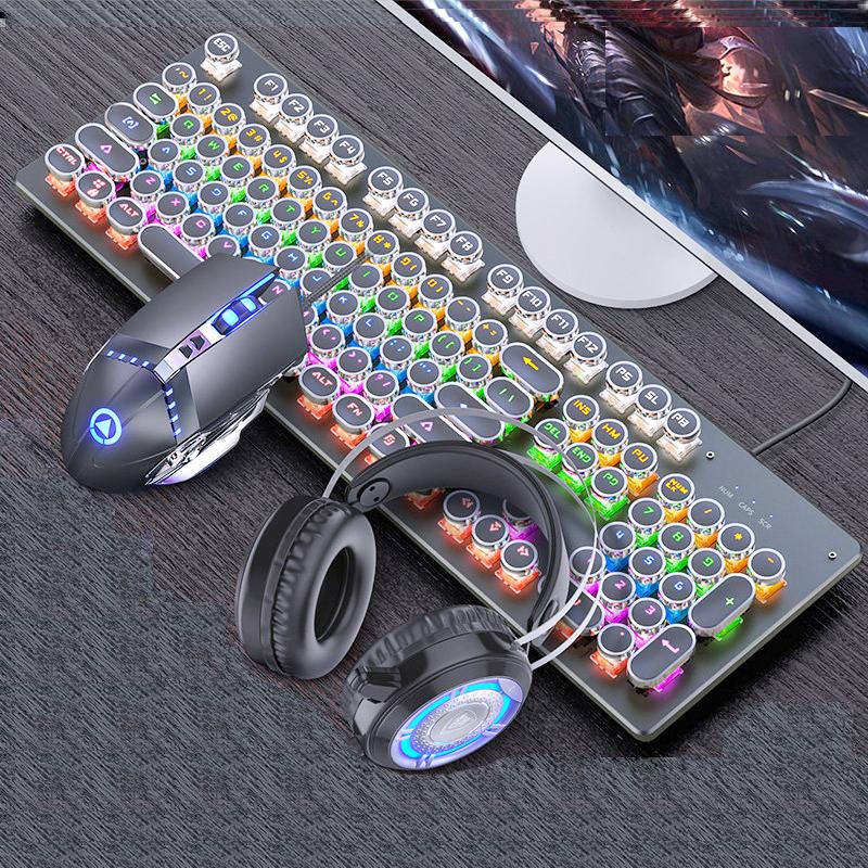 

Mechanical Keyboard Black Axis Blue Switch Retro Punk Gaming Keyboard Mouse Headphone Three Piece Set Cable for Desktop Loptap