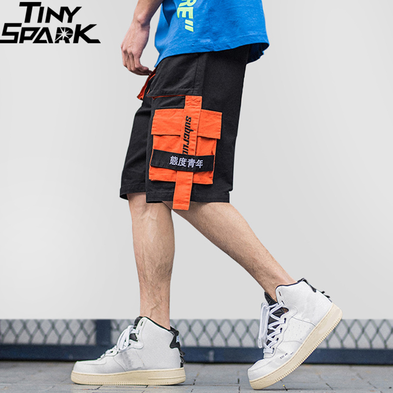 

Summer 2019 Cargo Shorts Kanji Hip Hop Short Streetwear Men Short Pocket Cotton Jogger Sweatpant Casual Black Patchwork, A20v016 black
