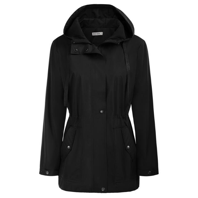 

Women Thigh Length Rain Jacket Elastic Waist Hooded Water-Repellent Coat Mid-length Long-sleeved Elastic Waist Hooded Raincoa, Black
