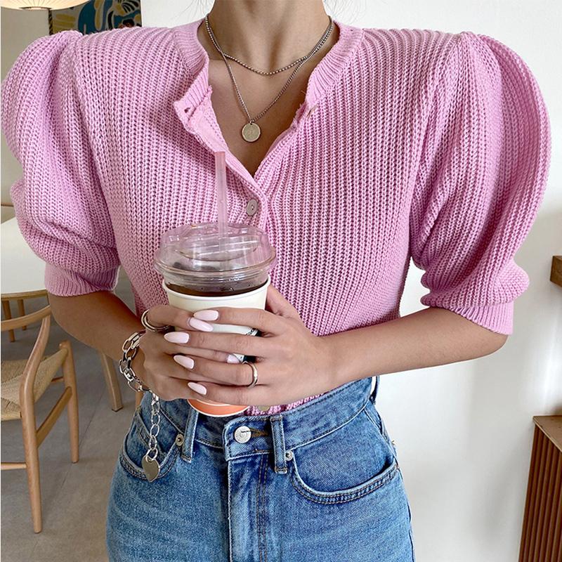 

Women's Knits & Tees Women Knitted Cropped Cardigan Sweaters Female Short Puff Sleeve O Neck Single Breasted Knitwear Spring Autumn Solid Sh, White