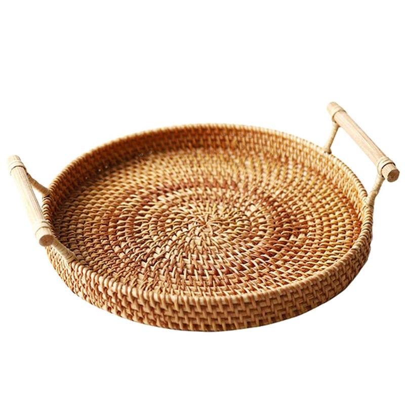 

Rattan Storage Tray, Round Basket with Handle, Hand-Woven, Rattan Tray Wicker Basket Bread Fruit Breakfast Display L