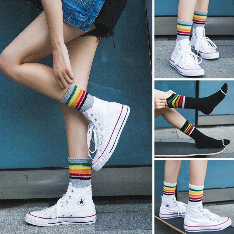 

Rainbow Long Striped Socks Women High School Girls Funny Cotton Socks Hosiery Casual Sport Sock Harajuku Designer Sox, Grey striped