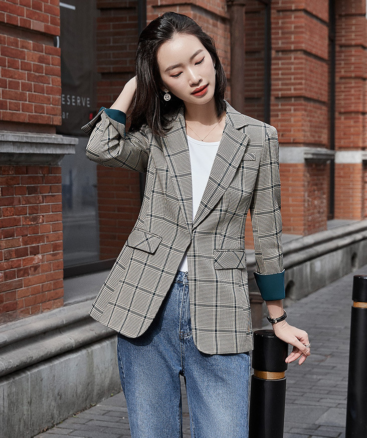 

2021 New Nx004 # size big plaid suit European and professional dress female small jacket suit, GWUQ, Army green.