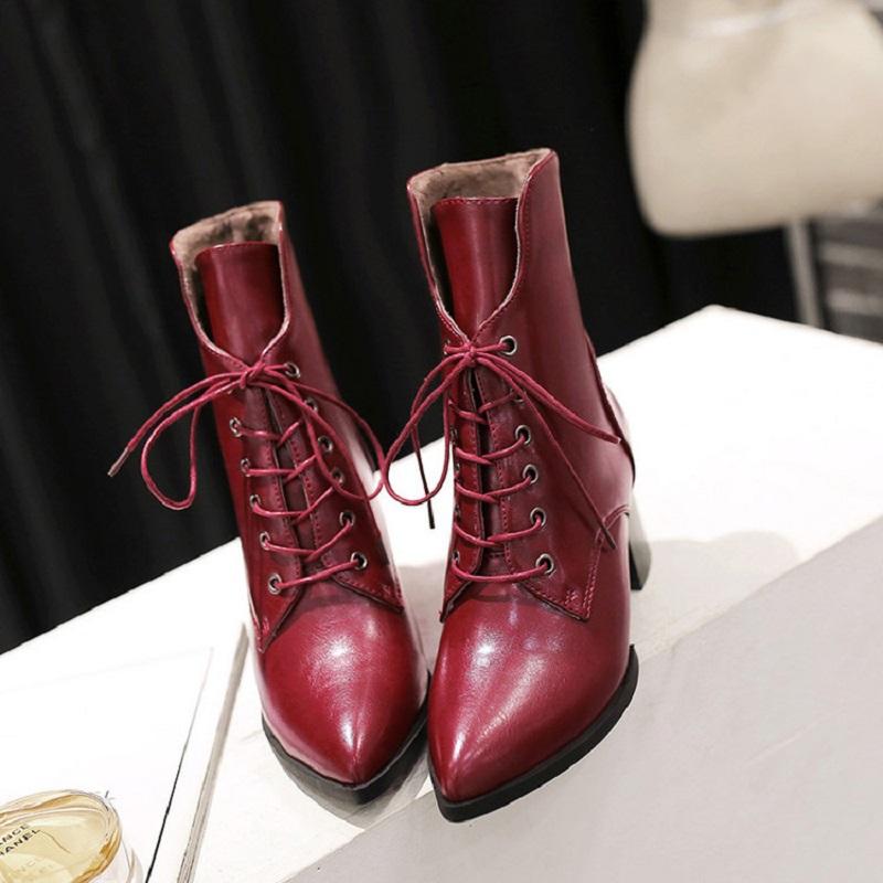 

Autumn And Winter Short Tube Women's High-heeled Boots Thick With Lace Pointed Cashmere Warm PU Women, Black