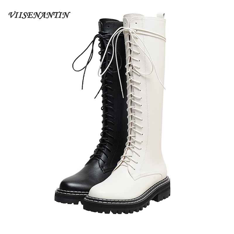 

Cross Lace Knight Boots Women 2020 New Autumn and Winter Round Toe Thick Bottom Knee-length Shoes Wild High-top Motorcycle Boots, Black