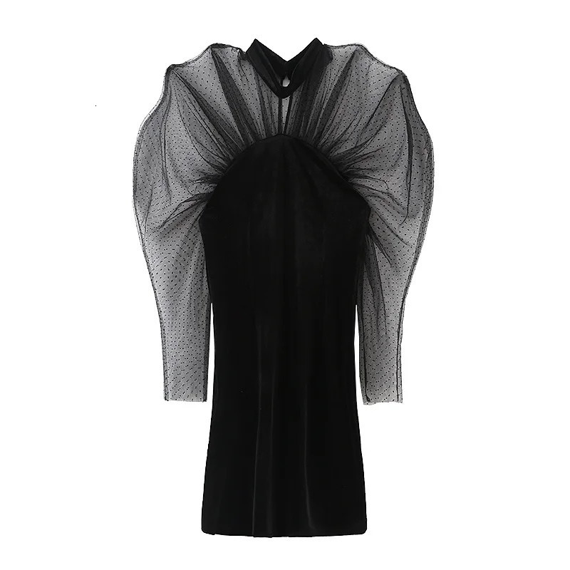 

2021 New Mesh Black Velvet Women Tulle Semi Sheer Puff Long Sleeve Mini Party Dresses Ladies Vintage Sexy Dress Dz9o