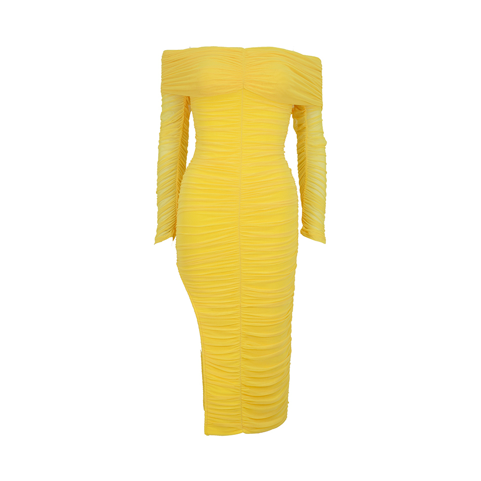 

2021 Sexy Spring New Female a Line Neck Strapless Back of Long Sleeves Slit Dress Tight Fashion High Street Grzq, Yellow