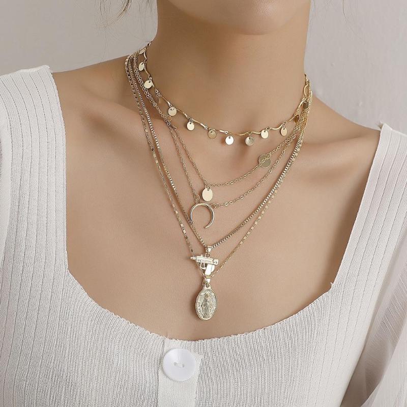 

New Gun Necklaces Jewelry Lovers Girl Round Sequins Charm Moon Pendant Necklace Multilayer Chain Women Collares