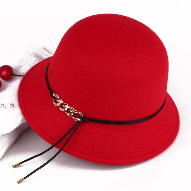 

2021 New Winter Autumn Ladies Women Girls Vintage Wool Chain Formal Hat Felt Bowler Fedoras Cap For Woman, Bk