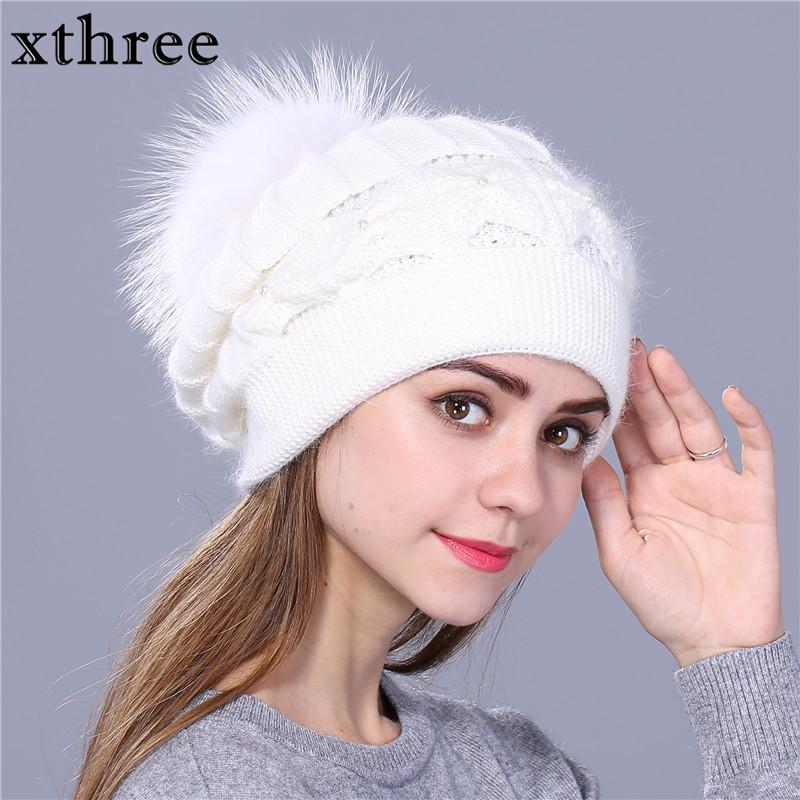 

Xthree Winter Autumn beret hat for women knitted hat fur beret with mink pom pom solid colors fashion lady cap, Natural black