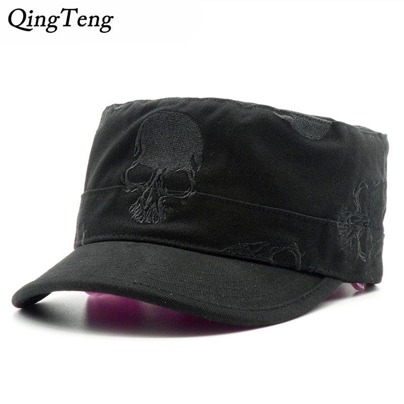 

High Quality Men Vintage Flat Top Caps Embroidery Skull Hats Luxury Casual Women Baseball Hat Cotton Black Army Cap, Army green