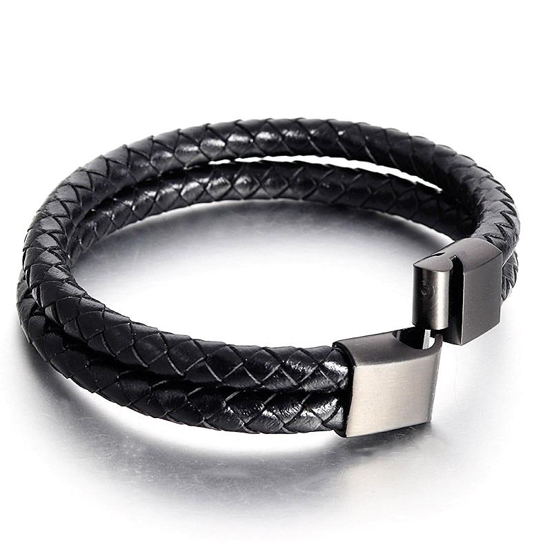 

Charm Bracelets Punk Black Brown Braid Leather Men Fashion Cool Stainless Steel Magnetic Clasp Wristband Bangles 2021