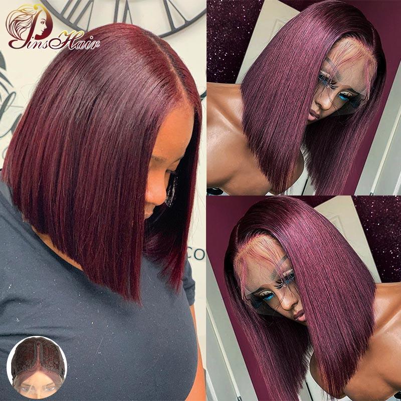 

Cheap Bob Wig Malaysian Lace Part Human Hair Wigs Burgundy Red 99J Blonde Bob Lace Wigs Straight Short For Black Women, As pic