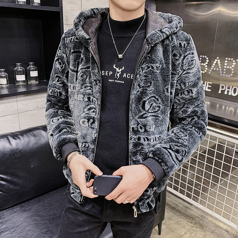 

2020 Letter Standard From the Men's Casual Korean Thick Jacket with Hood Skin Imitation Male Mink Coat Inhq, Black