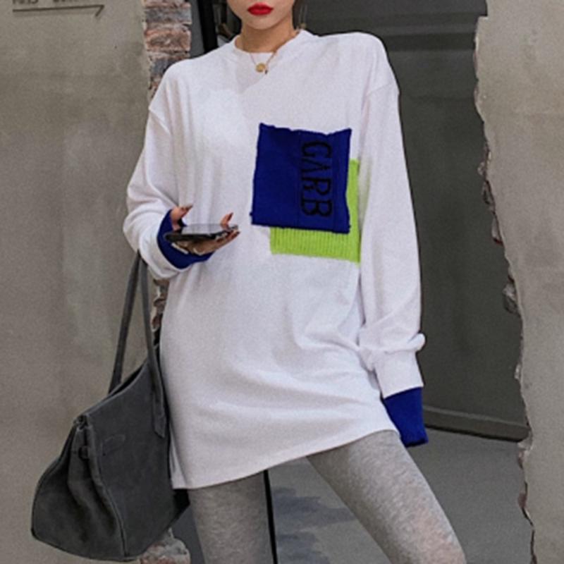 

Korean Version Japanese T-Shirt Fashion Loose Spring Thin Splicing Fake Two Round Neck Hot Sale Long Sleeve Top, White