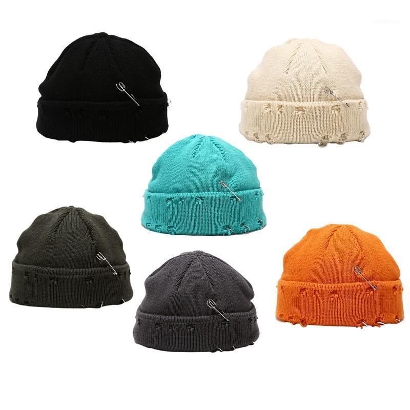 

Winter Knit Beanie Hat with Pins O-Ring Distressed Hole Cuffed Melon Skull Cap1, Black