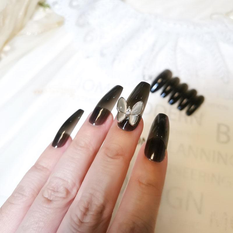 

Extra Long Translucent Black Color Ballet Fake Nails Silver Butterfly Decoration Coffin Press on Nails M0004, Nails only