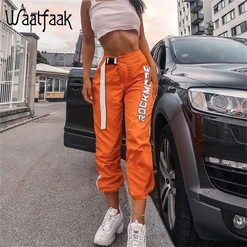 

Waatfaak Casual Patchwork Pencil Pants High Waist Buckle Belt Trousers Women Orange Zipper Pocket Sweatpants and Joggers Fitness 201228, Black