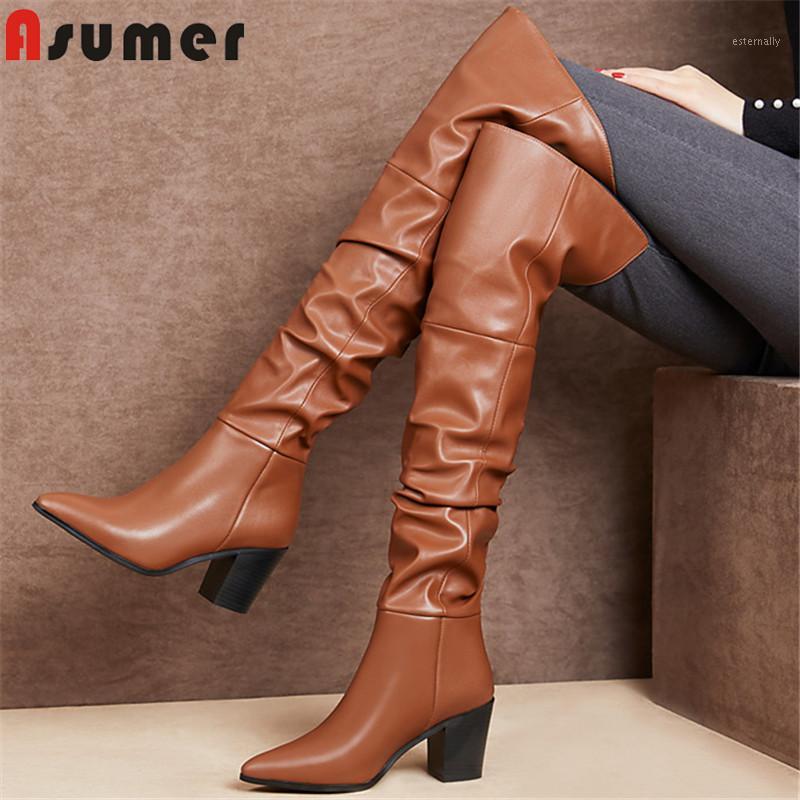 

ASUMER Newest genuine leather thigh high boots women high heel party prom shoes autumn winter pleated over the kne boots woman1, Black
