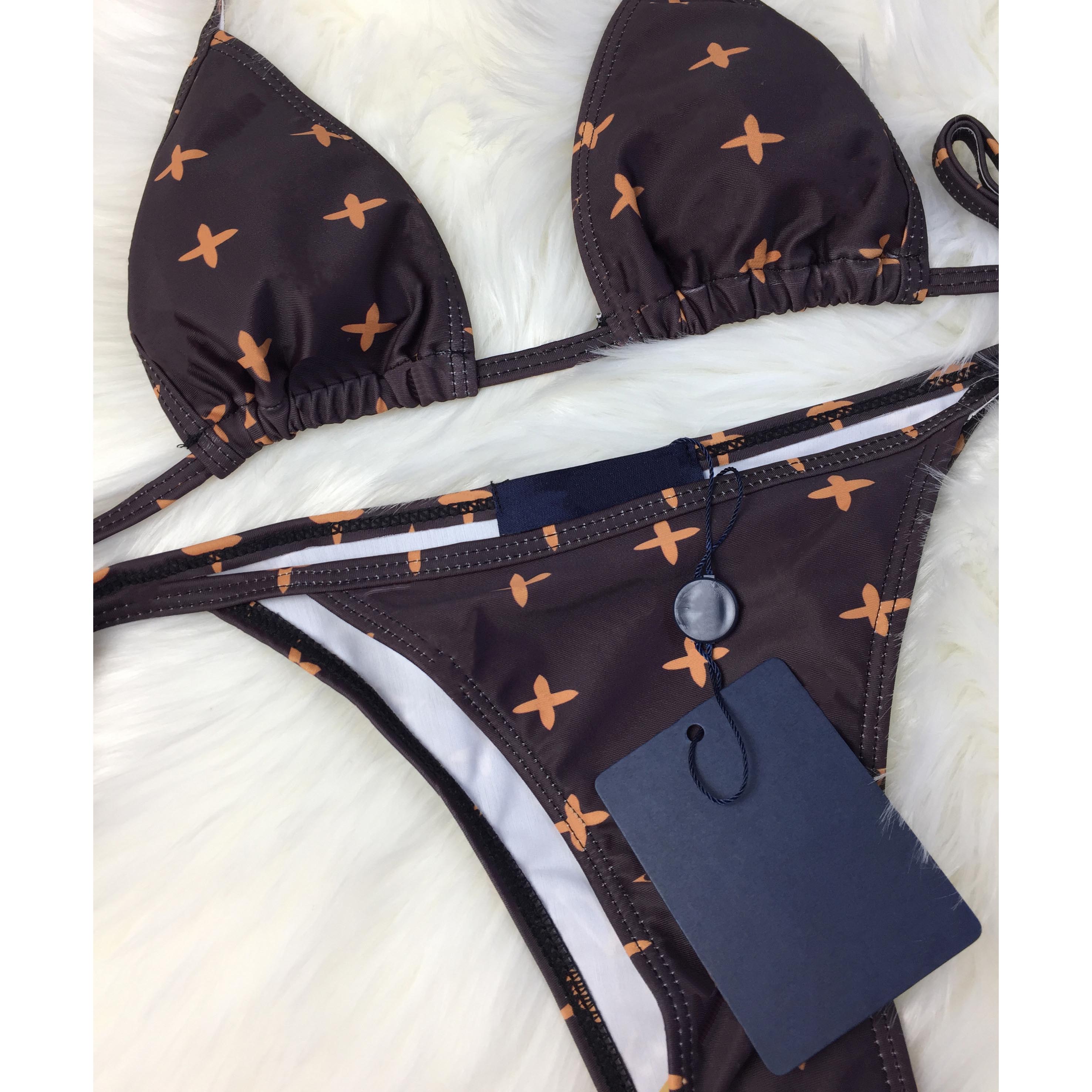

Classic Swimwear Women Designer Bikinis Luxury Three-point Bikini Sets Geometric Pattern Summer Beach Swimsuit Sexy Bathing Suits For Girl, Brown