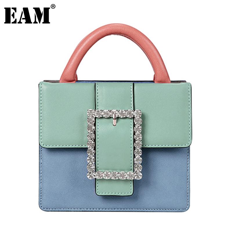 

[EAM] Women New Diamonds Contrast Color PU Leather Flap Personality All-match Crossbody Shoulder Bag Fashion Tide 2021 18A1172, Green