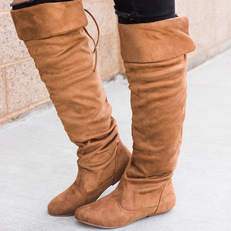 

women knee high boots flats chaussure vintage gladiator round toe lace up flat autumn warm shoes woman zapatos mujer sapatoD20201, Beige