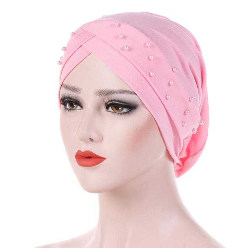 

Women Stretch Beanie Bead Turban Fashion Forehead Cross Solid Western Style For Cancer Casual Head Wrap Chemotherapy Cap, Rose red