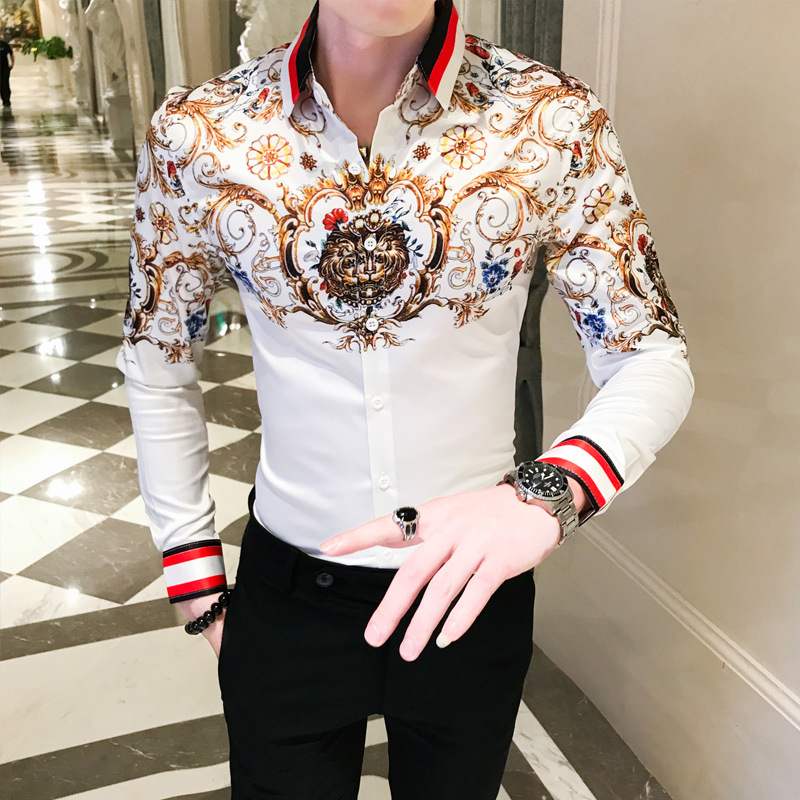 

Men Shirt Gold Print Long Sleeve Shirts Casual Slim Fit Business Dress Shirts Camisa Social Masculina 2020 Autumn, Black