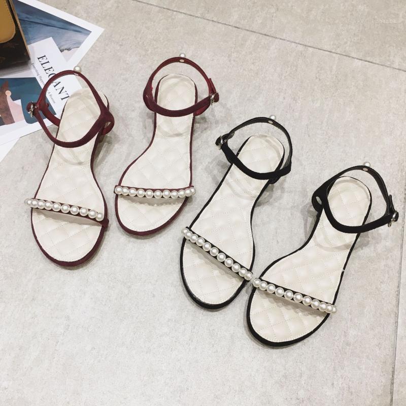 

2020 Summer New Graceful Flat Bottom Rome Sandals Pearl Simple and Versatile Open Toe A- line Buckle Sandals Women1, Black