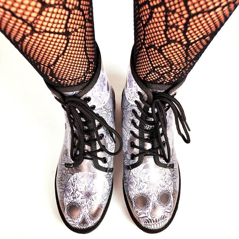 

INS Hot Sale Female Lace Up Round Toe Punk Cool Gothic Shoes Skull Punk Motorcycle Women Boots Stylish Big Size 43 Boots1, Gray