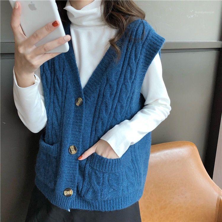 

Women Sweater Vest 2020 Autumn Winter Korean Style Vintage Pockets Single Breasted V Neck Knit Sleeveless Cardigan Tops T5181, Blue