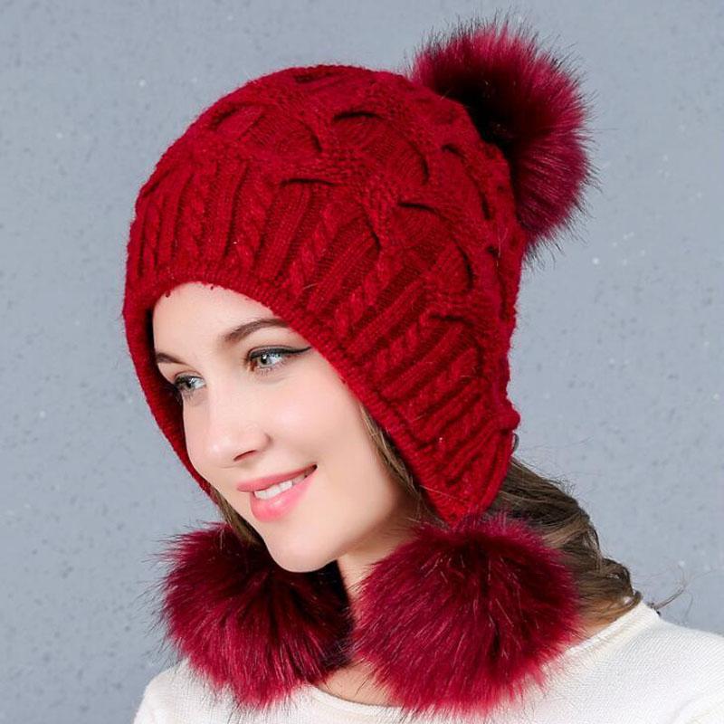 

Autumn winter beanies hat unisex knitted wool Skullies casual cap with fur pompom solid colors ski cap