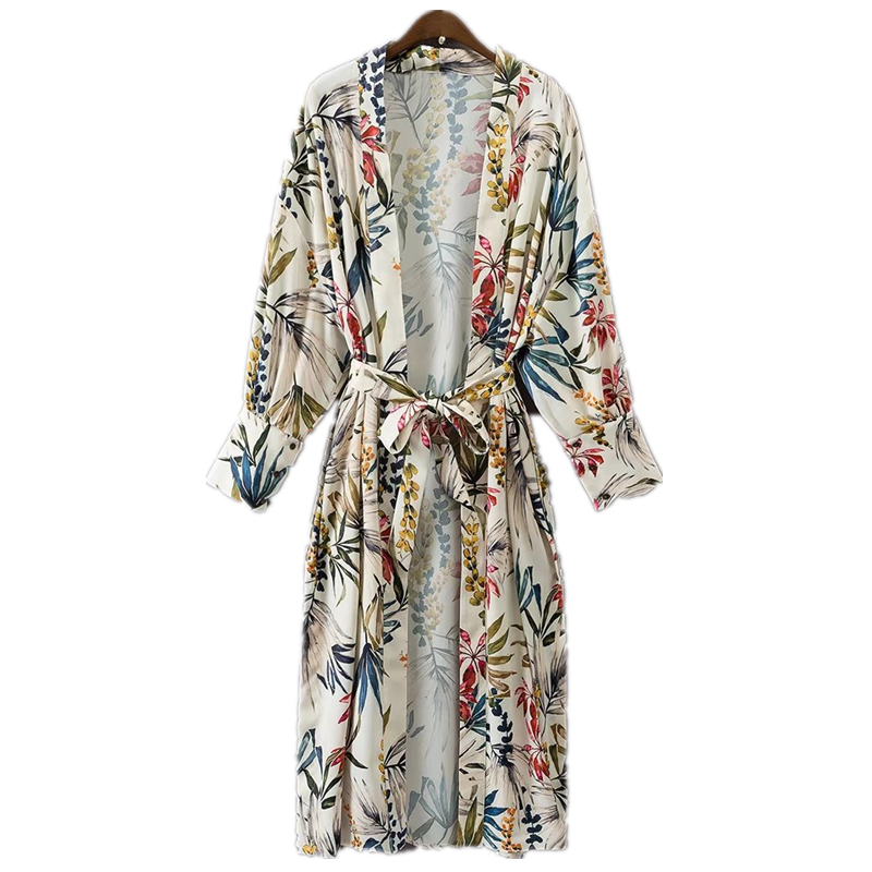 

2021 New Vintage Neck Flower Print Sheets with Banboom Kimono Tracks Back Shirt New Bandage Side Divide Long Cardigan Blusa Tops Femme Lb4v