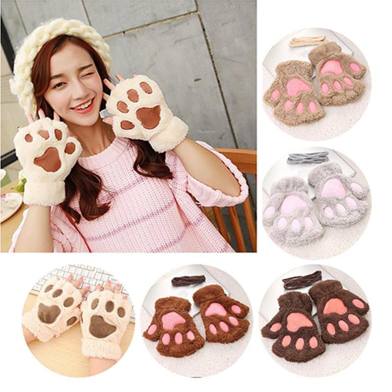 

Women Cute Claw Plush Mittens Warm Soft Plush Short Fingerless Fluffy Bear Half Finger Gloves