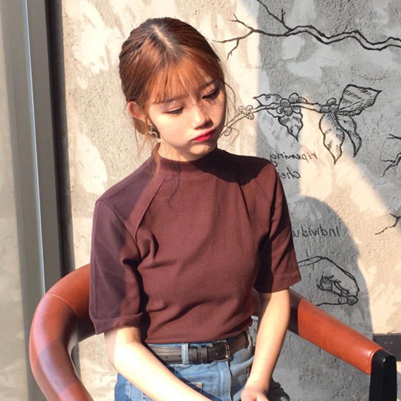 

Summer Basic Solid t shirt Women Fashion Korean Style Women Clothes 2020 Short-Sleeve O-Neck Tshirts Casual Tops Tee shirt femme1, Brown