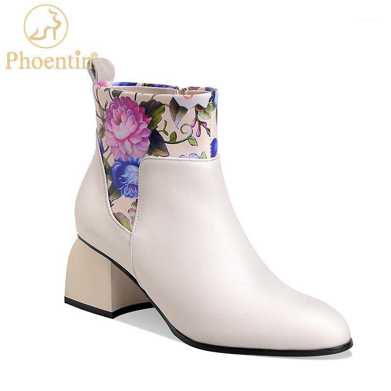 

Phoentin plus size 43 Genuine Leather floral print white Winter Boots Woman round Toe Ankle boot High Heels Shoes Black FT13101