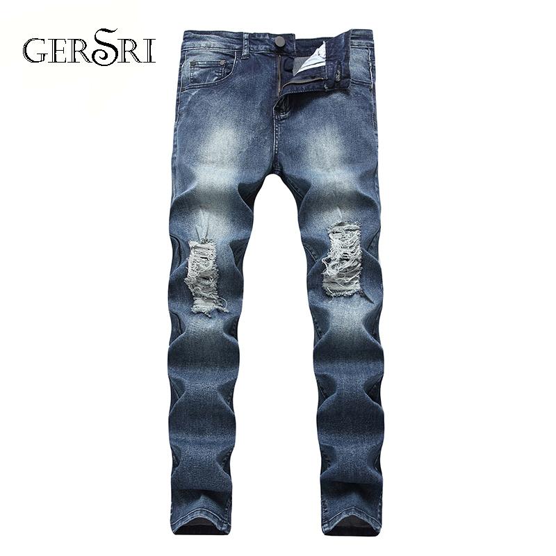 

Gersri Ripped Skinny Biker Embroidery knee hole Jeans Destroyed Hole Taped Straight Denim Scratched High Quality Jeans male, Black
