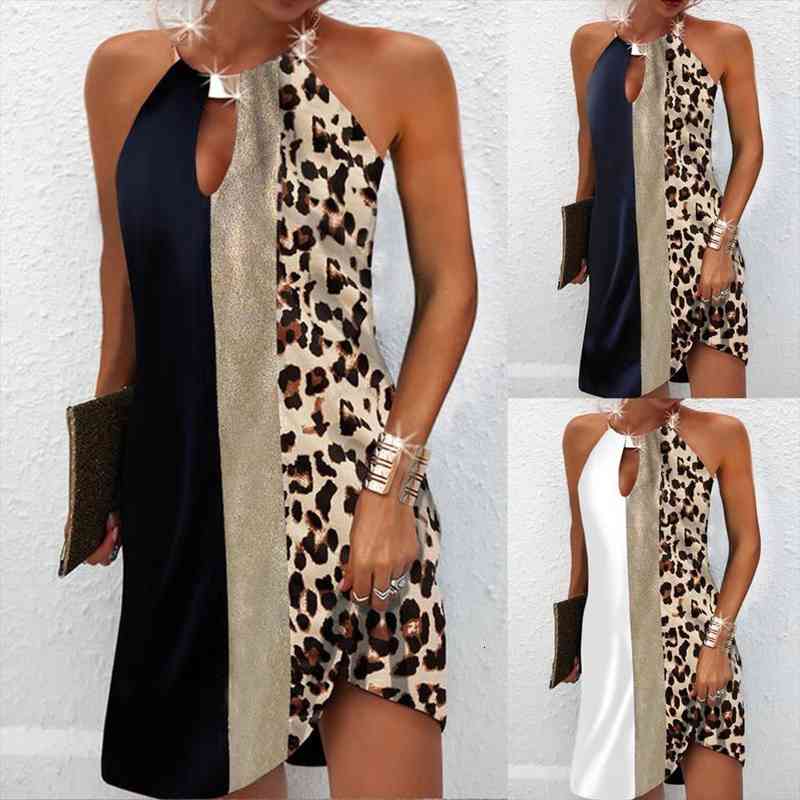 

leopard print patchwork women dress soft sleeveless backless vintage metal halter mini dress streetwear party dresses, Black;gray