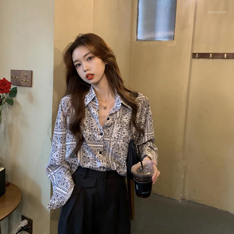 

Spring Autumn Women Vintage Loose Print Casual Blouse Shirts Women Long Sleeve Chic Chemise Femininas Fashion Tops 20211, Black