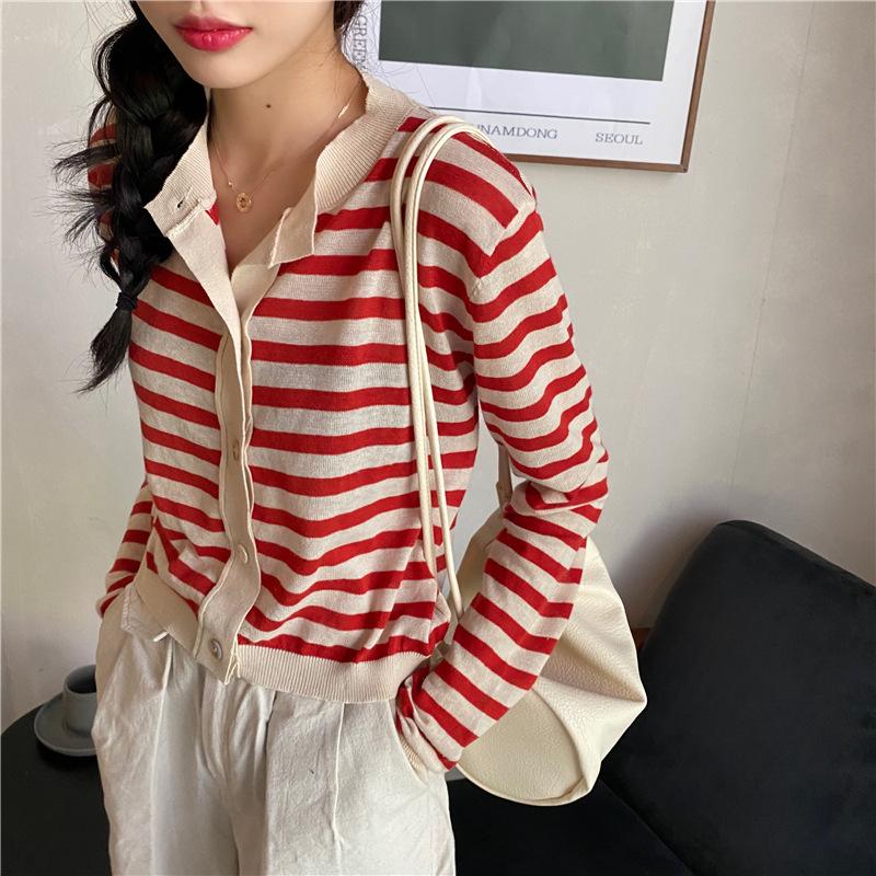 

Women's sweet short sweater Kawaii ulzzang stripe contrast round neck long sleeve thin cardigan women's clothing, Black