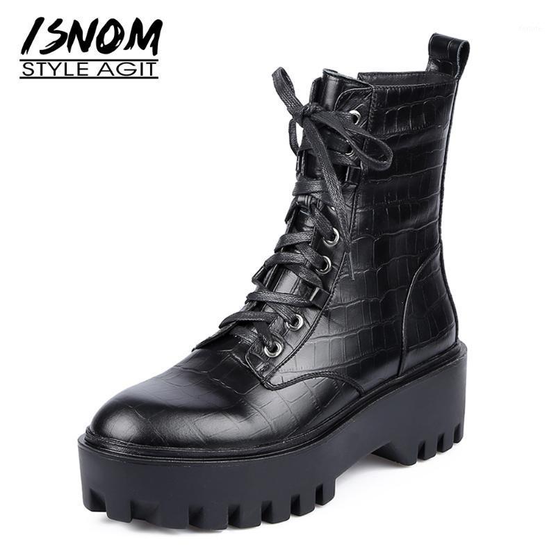 

ISNOM Genuine Leather Ankle Boots Stone Print Platform Booties Lace Up Zip Wedges Shoes Women Skid Proof Autumn Boot 20211, Black