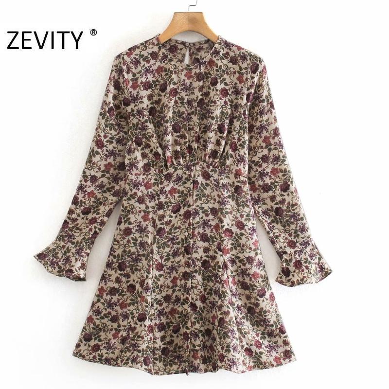 

Zevity Women Fashion O Neck Flower Print Waist Pleats Soft Mini Dress Female Chic Flare Sleeve Casual Slim Court Vestido DS4611, As pic ds4611ww