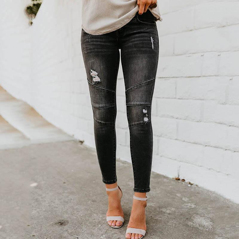 

Casual Street Black Women Clothing Ladies Jeans Hole Pleated Pencil Pants slim-fit Cotton