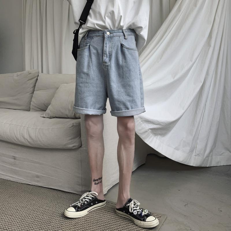 

Nice Autumn Korean Men Simple Retro Thin Section Trend Wild Color Light Blue Denim Casual Shorts Hip Hop Streetwear, Baby blue