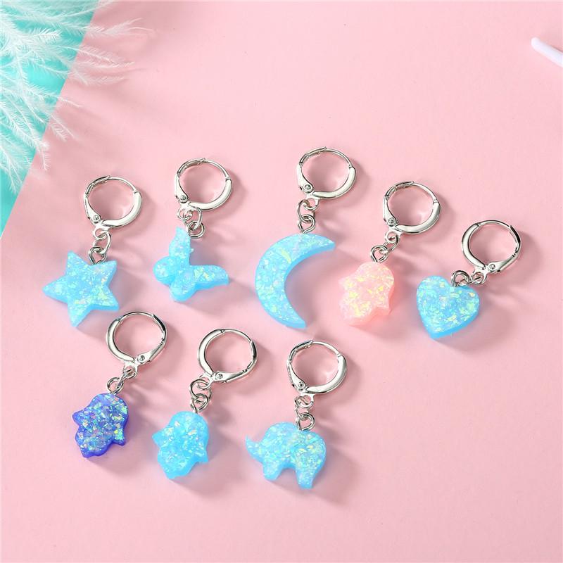 

8PCS New Butterfly Heart Resin Small Hoop Earrings Set Cute Star Moon Elephant Fatima Hand Mini Ear Studs Women Jewelry E228