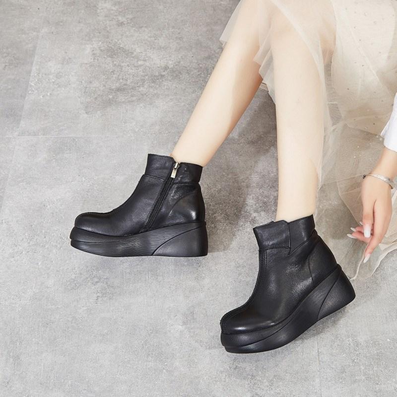 

women's boots winter new thick-bottomed wedge heel women's boots British style boot round head comfortable, Black