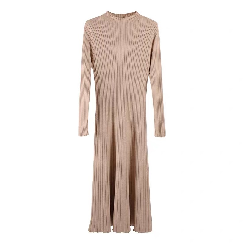 

2021 New Autumn Winter Oversized Long Straight Women Maxi Dress o Neck Knit Ribbed Basic Midi Pullover Sweater Dresses Ybxh, Khaki