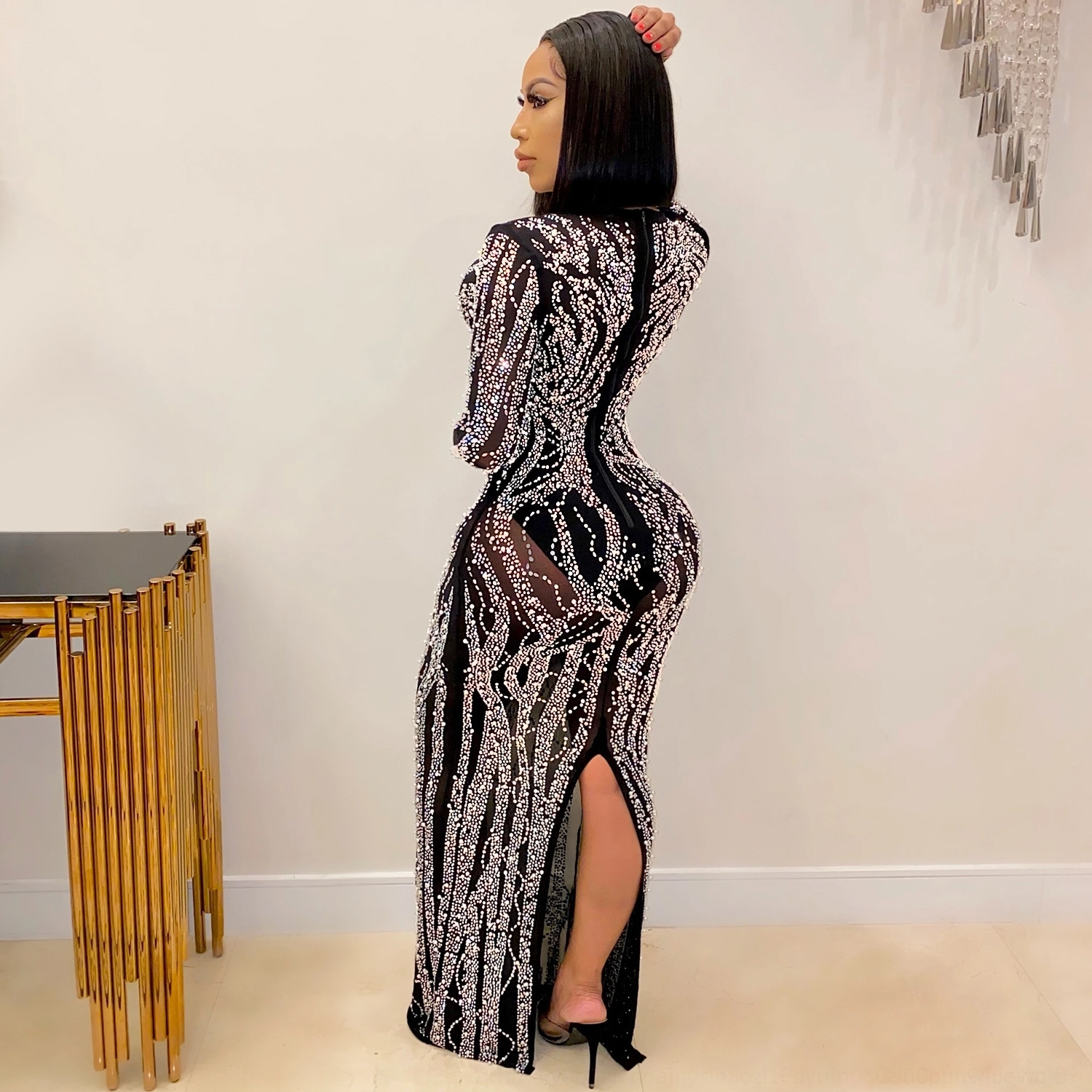 

9W60 2019 Party Style Fashion Elegant Women Sexy Deep Neck Glitter Boat V Neck Print New Dress Formal Long Dress Sexy Clubwear, As show