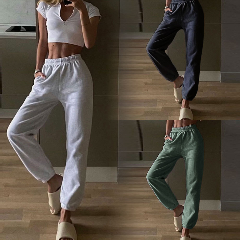 

New fashion elastic waist all-match casual harem pants Womens pure color trousers sportswear Womens cotton pants, Black